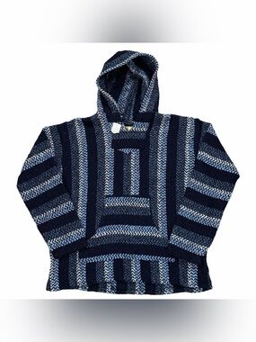 Vintage Baja Joe Dark Blue Light Blue & White Rasta Poncho Pullover Hoodie Sz S